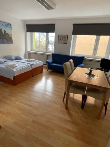 Helle, einfache Wohnung mit Schlafbereich, Essplatz und gemütlichem Sofa.