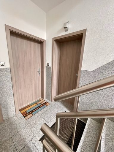 Zwei geschlossene Holztüren in einem hellen Treppenhaus mit einer Fußmatte.